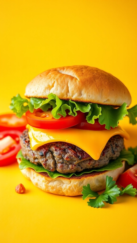 A classic cheeseburger with cheddar cheese, lettuce, and tomato on a bright yellow background.